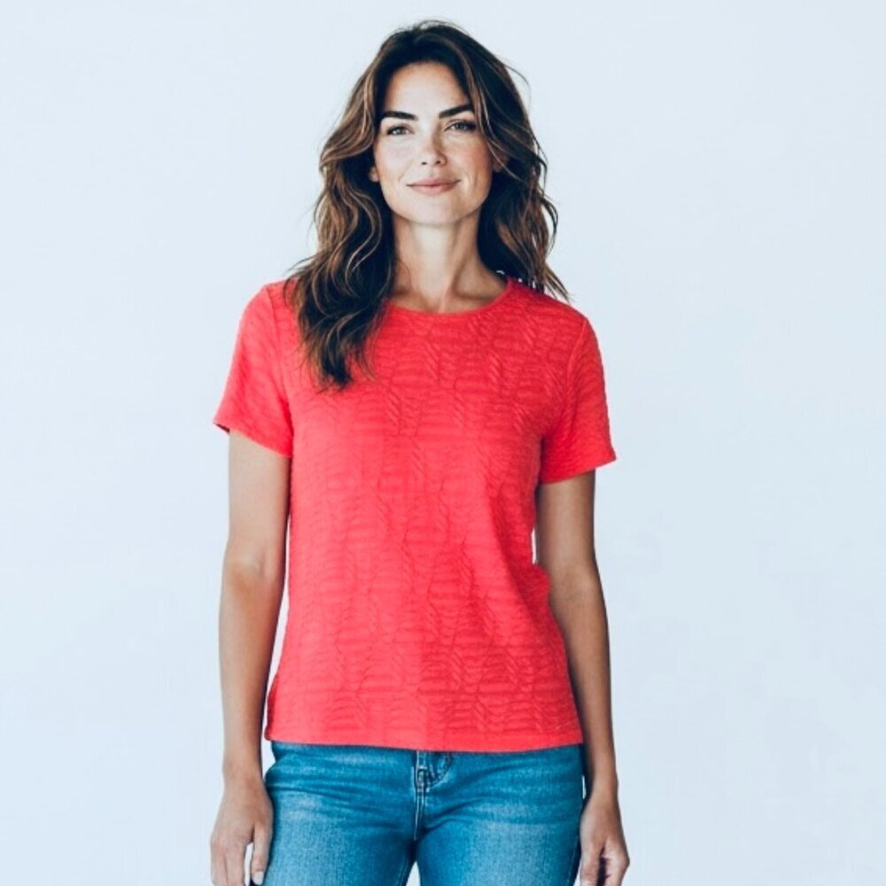 Calvin Klein‎ Textured Stretch Knit Short Sleeve Crew Neck Tee Top Sz M Red #52B